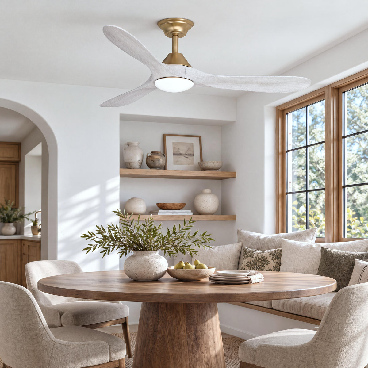 Sylvie 60" Solid Wood Ceiling Fan with Light · Whitewashed & Brass