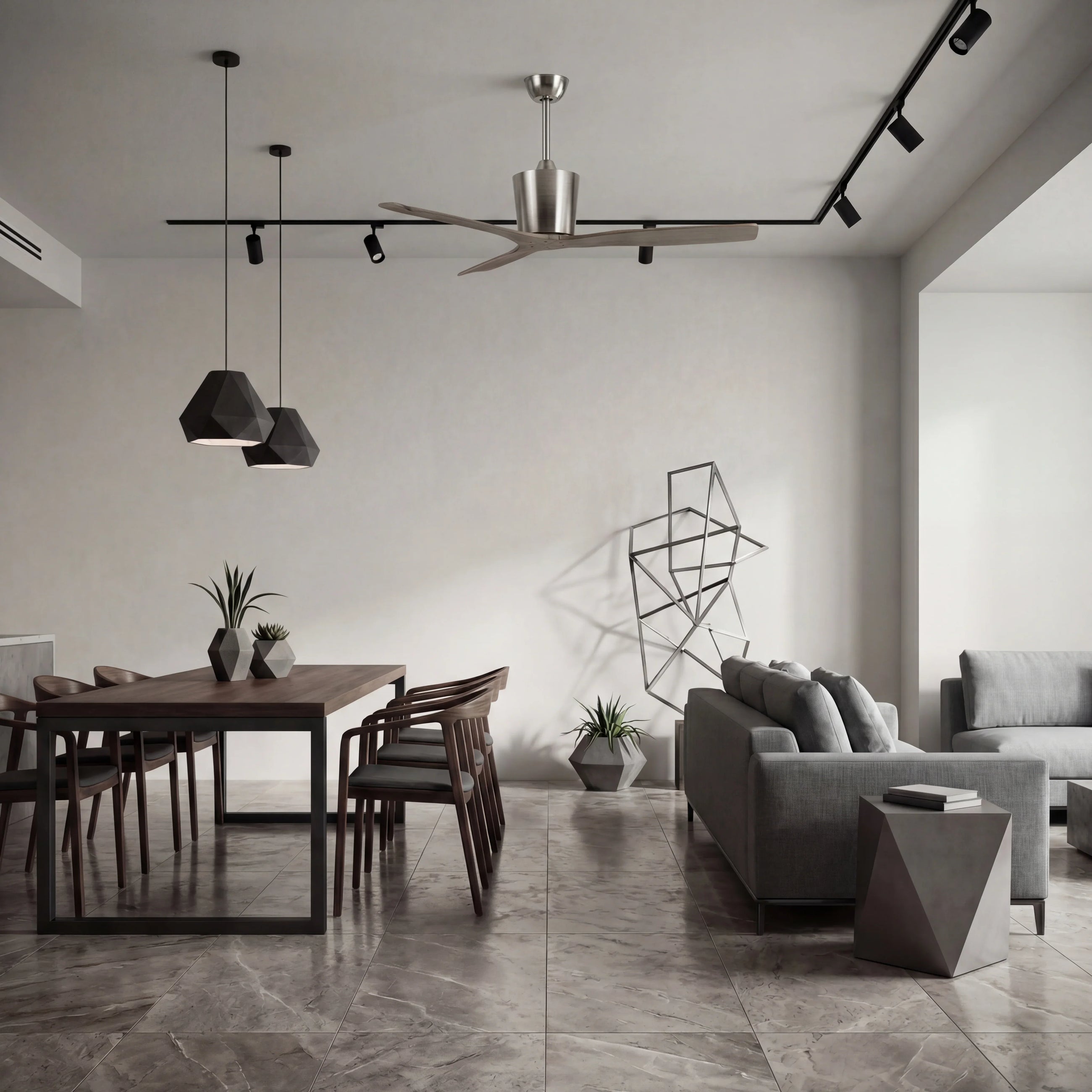 Modern ceiling fan with wood blades in a stylish living and dining room featuring contemporary lighting.