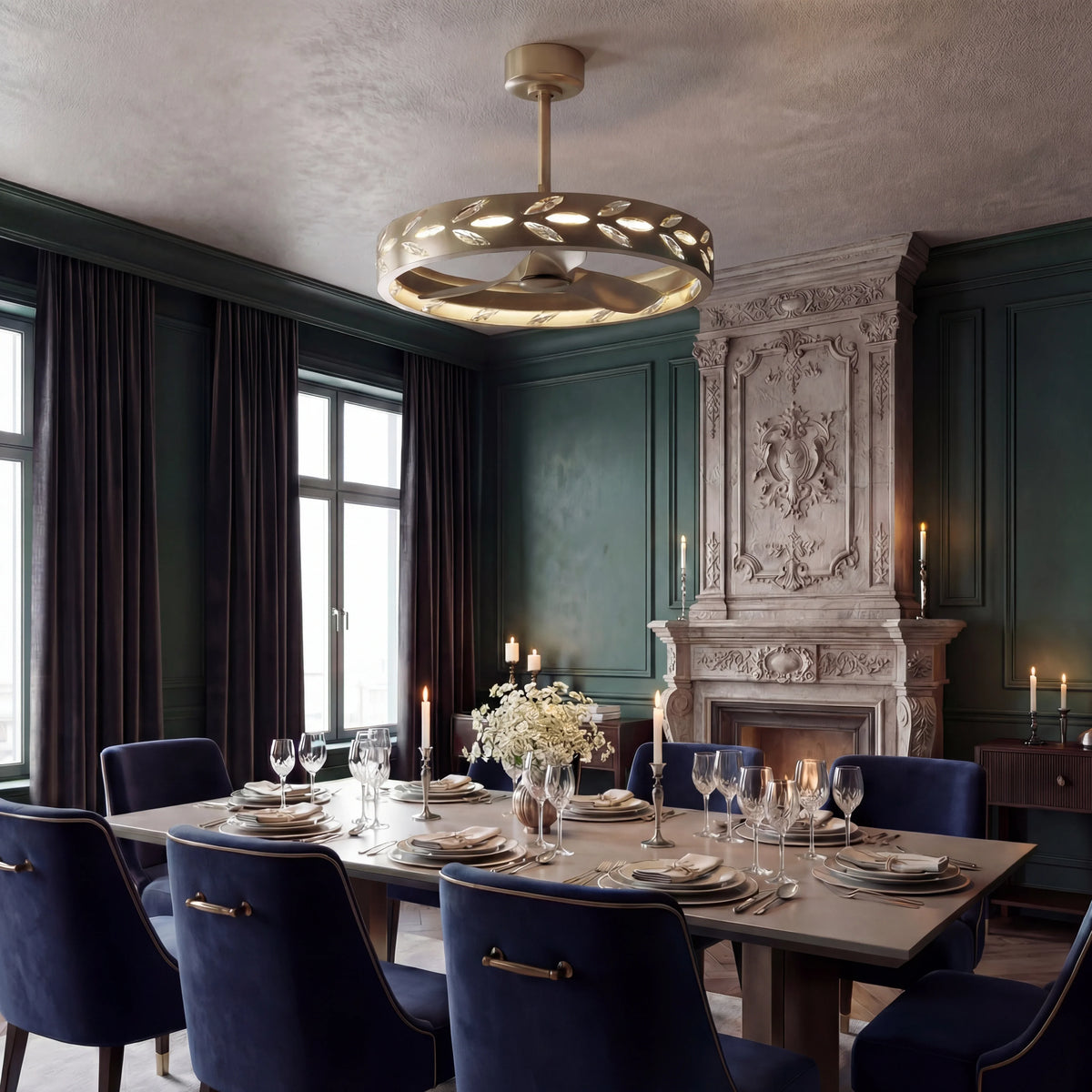 Modern gold ceiling fan chandelier in elegant dining room with dark green walls and blue chairs