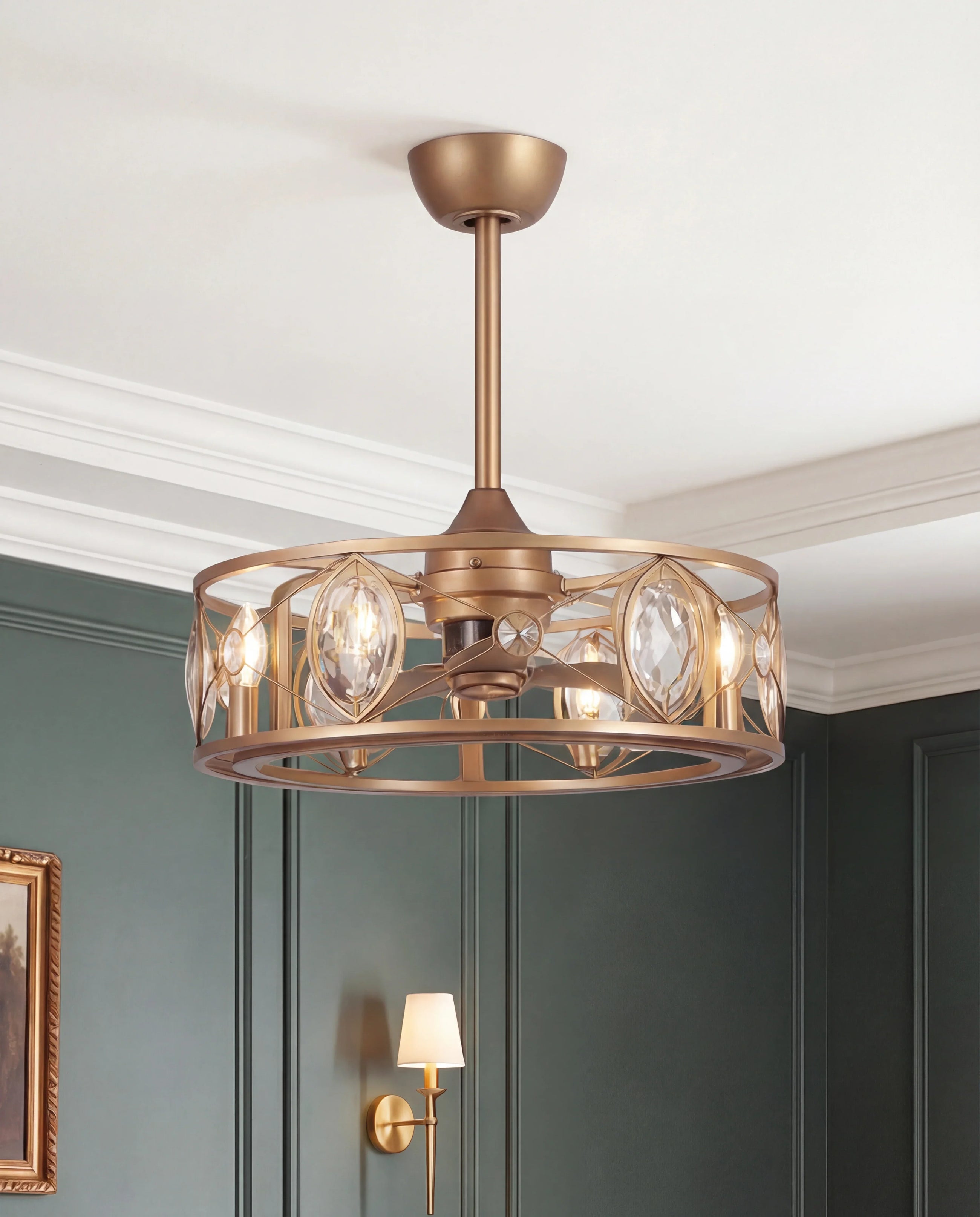 Modern crystal fandelier ceiling fan with gold finish in a stylish living room interior