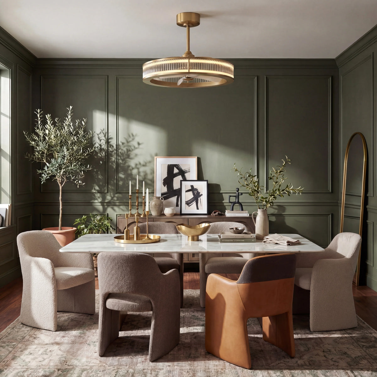 Modern gold ceiling fan chandelier in elegant dining room with marble table and neutral chairs