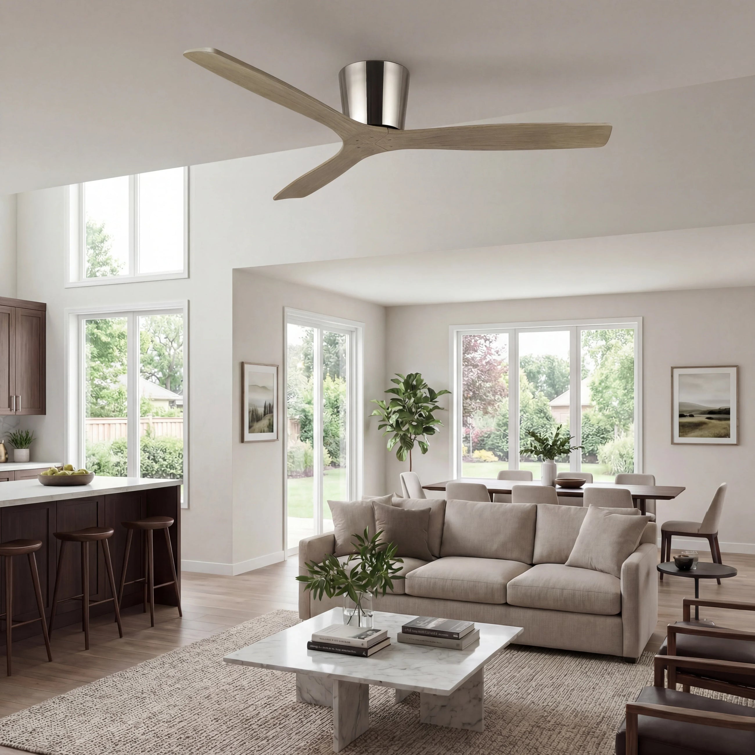 Modern wood ceiling fan with brushed metal base in bright open living and dining room