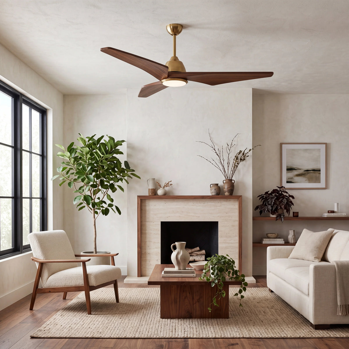 Elowen 52" Ceiling Fan with Light · Warm Walnut Solid Wood Blades