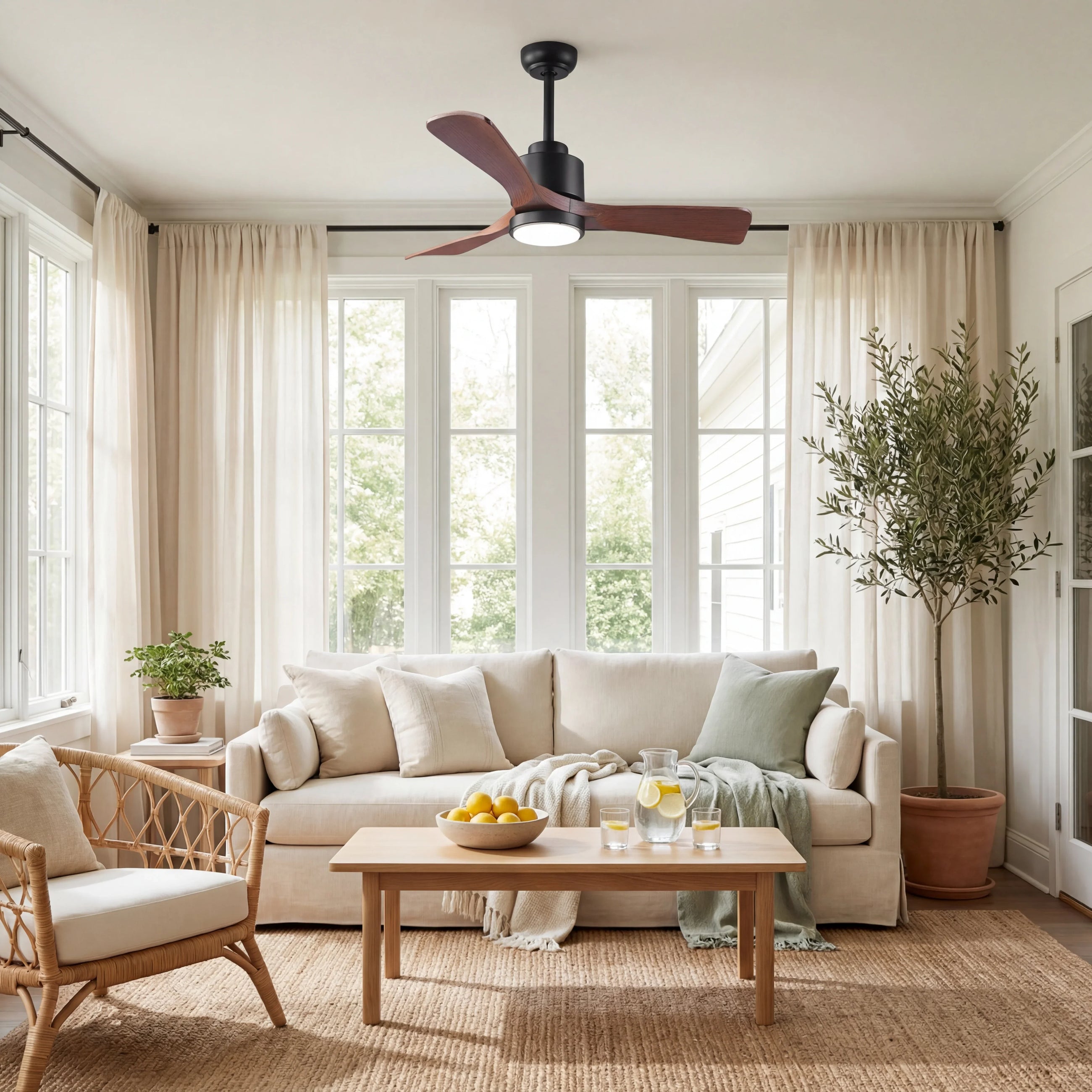 Modern wood ceiling fan with light fixture in bright living room with neutral decor