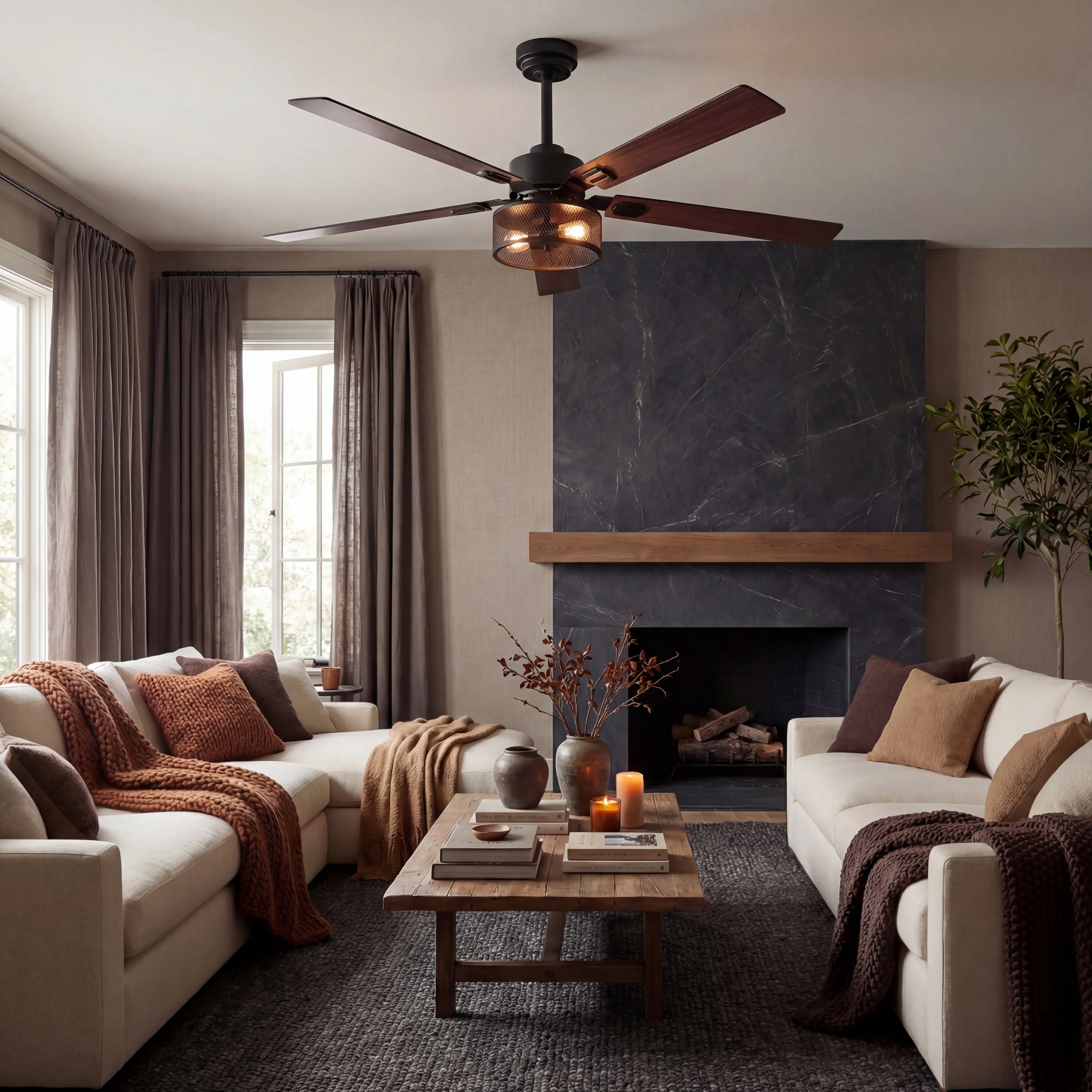 Modern ceiling fan with wood blades and integrated light in cozy living room with sofas and fireplace