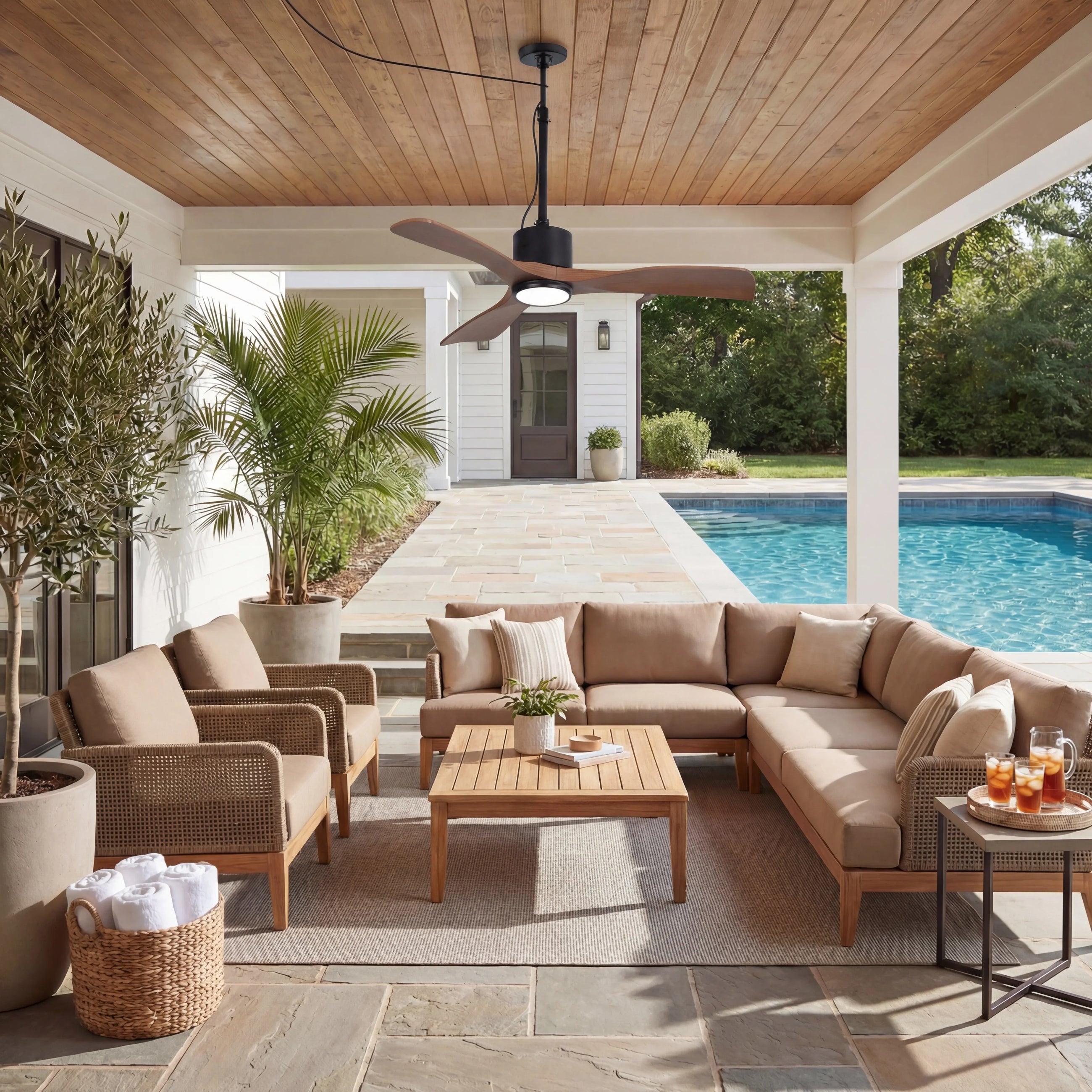 Modern outdoor ceiling fan with wooden blades on a covered patio by pool and lounge seating