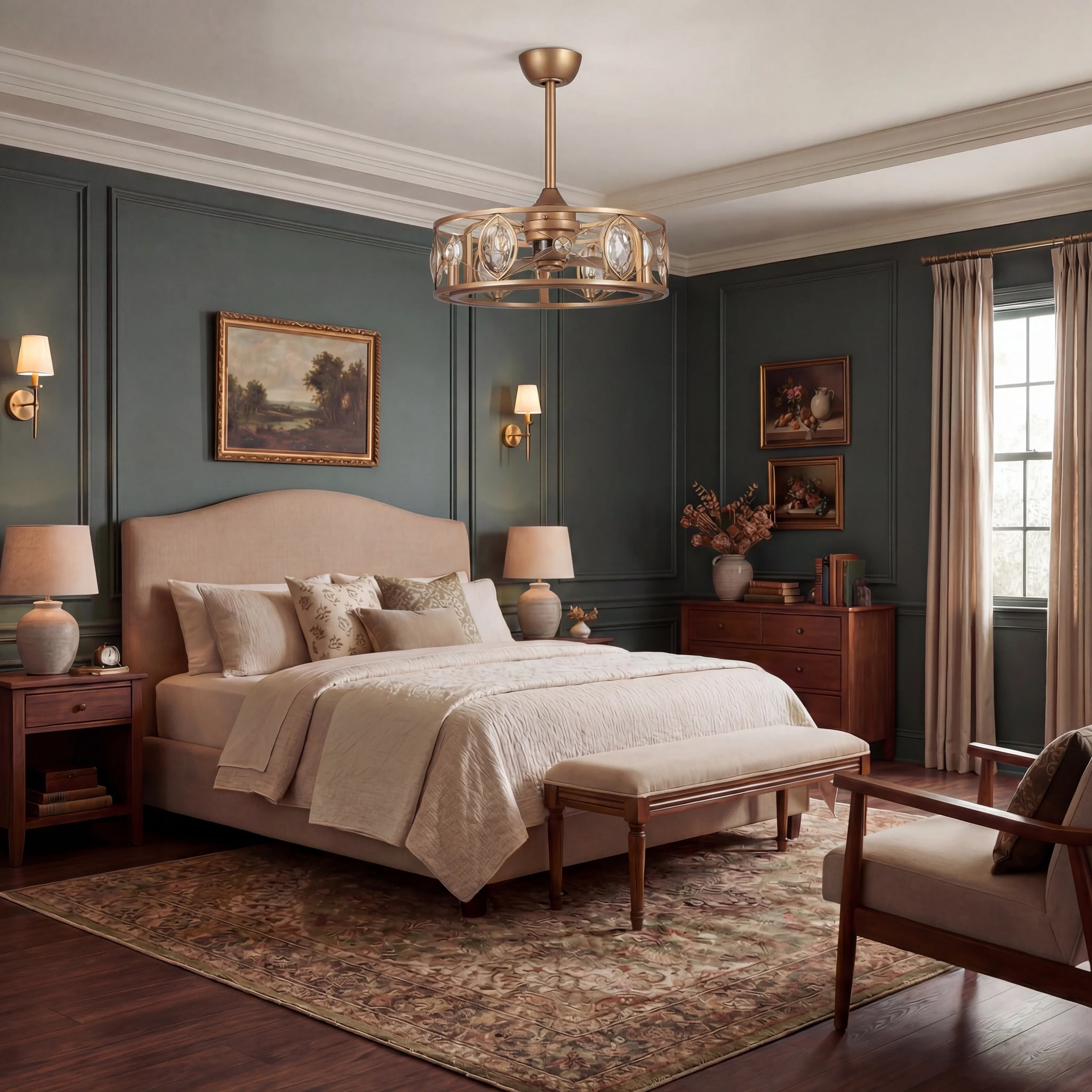 Modern bedroom with crystal fandelier ceiling fan, elegant lighting, and classic decor