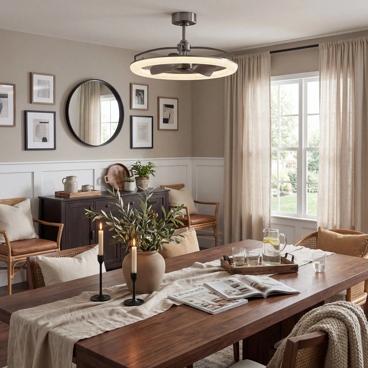 Modern dining room with wood table, fandelier ceiling fan light, and neutral decor