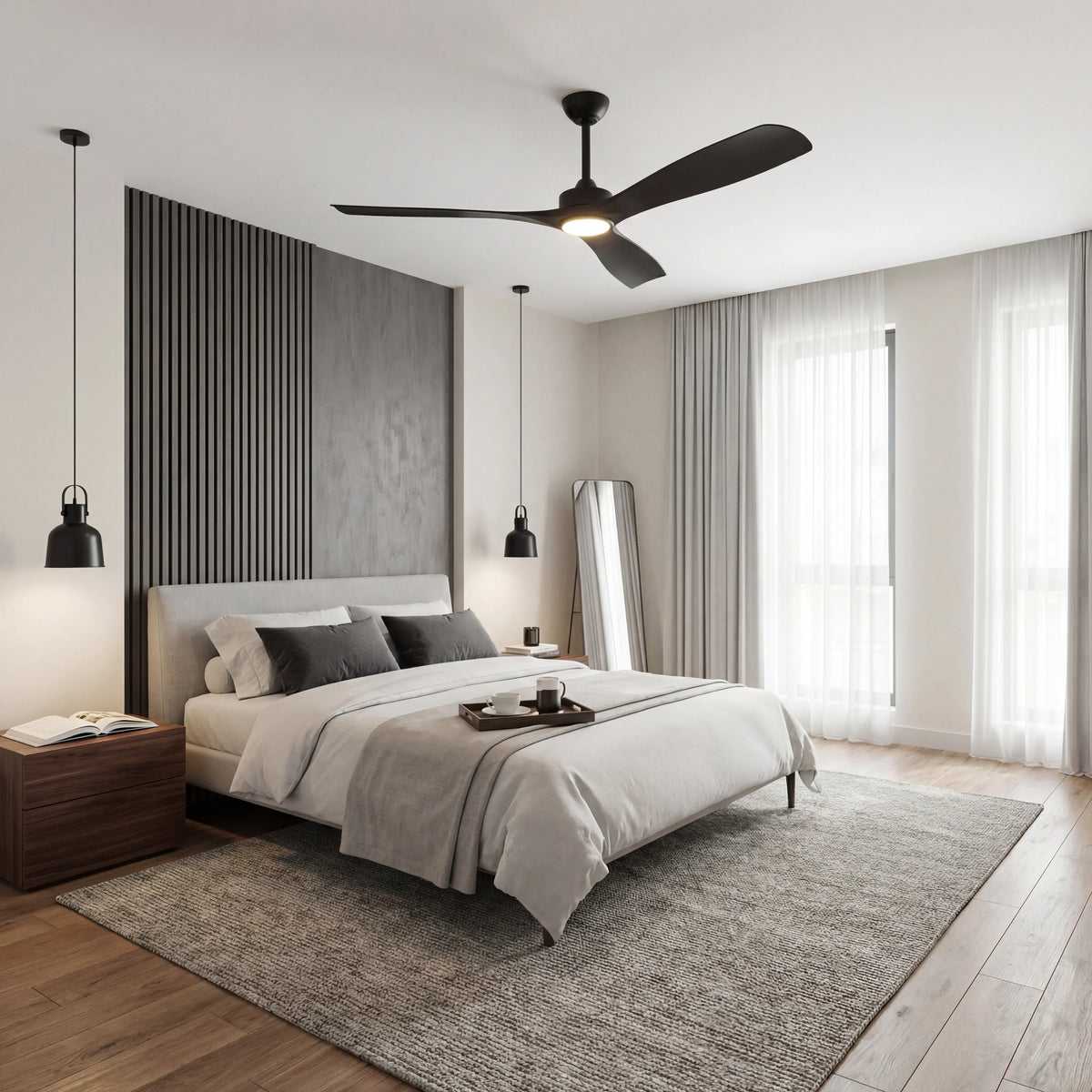 Modern bedroom with black ceiling fan, pendant lights, and minimalist decor