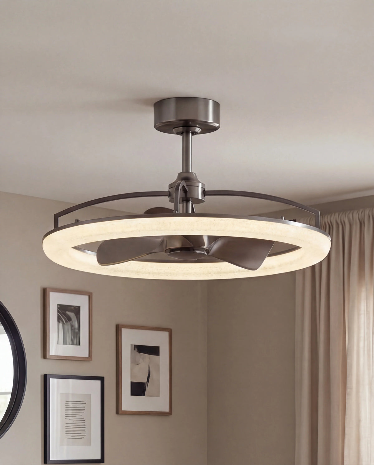 Modern ceiling fan with LED light ring in a contemporary living room setting