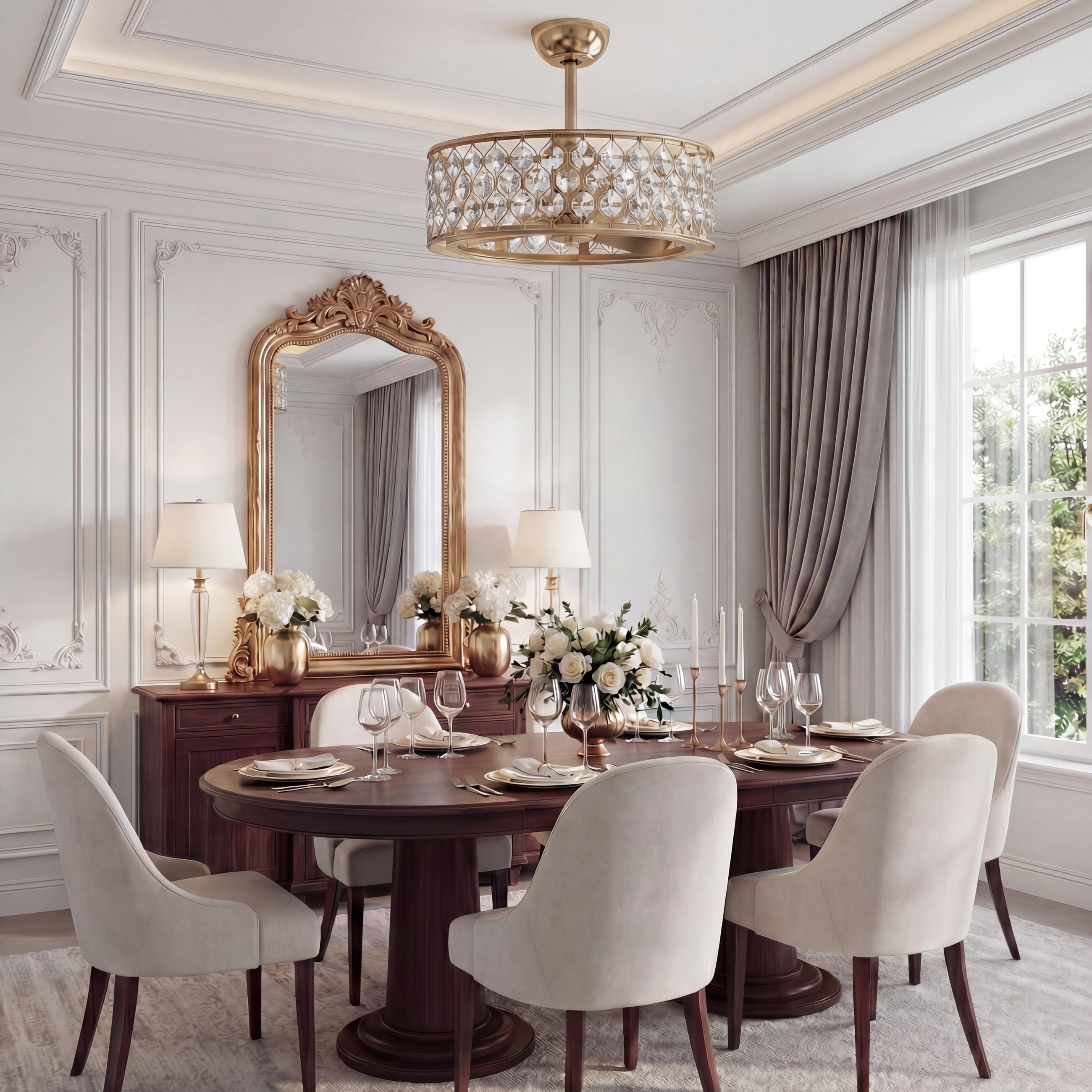 Elegant dining room with crystal ceiling chandelier, wood table, and upholstered chairs