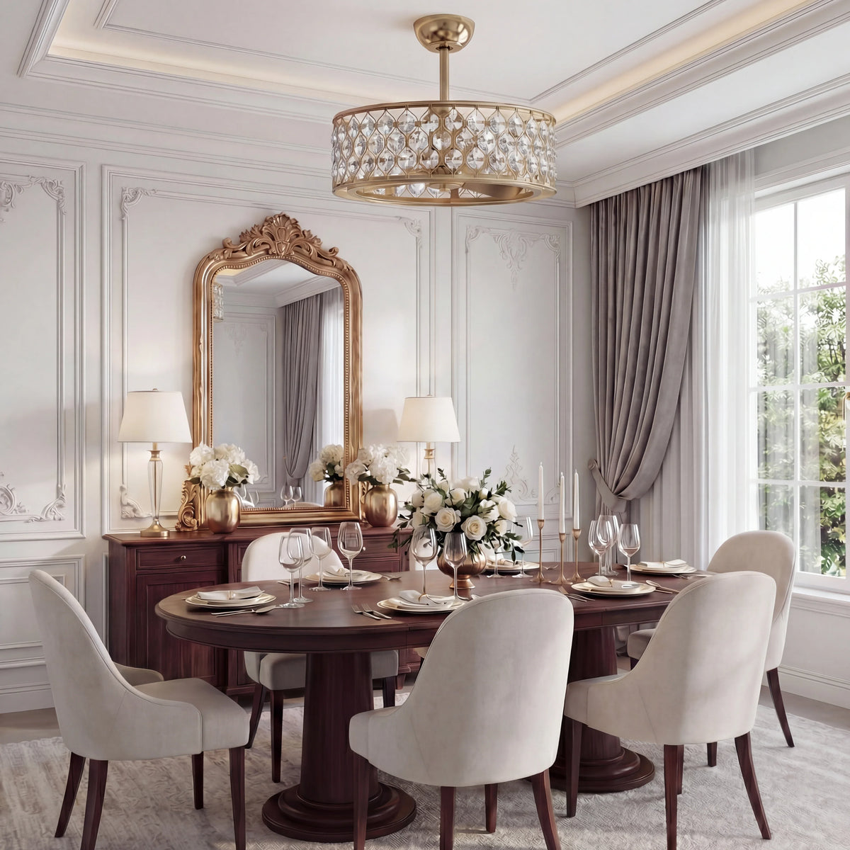 Elegant dining room with crystal ceiling chandelier, wood table, and upholstered chairs