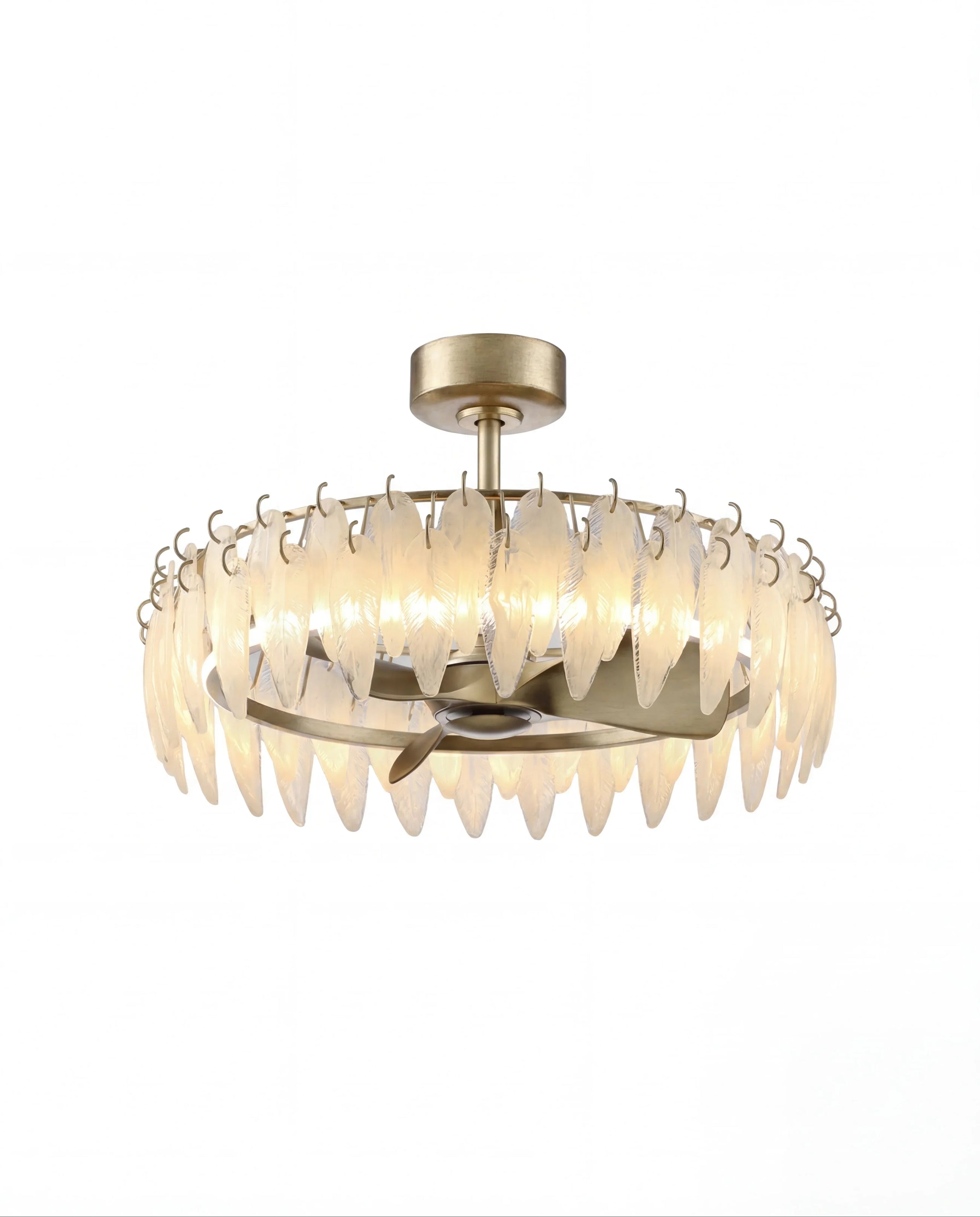 Modern crystal fandelier with feather-shaped glass accents and gold finish, ceiling mount