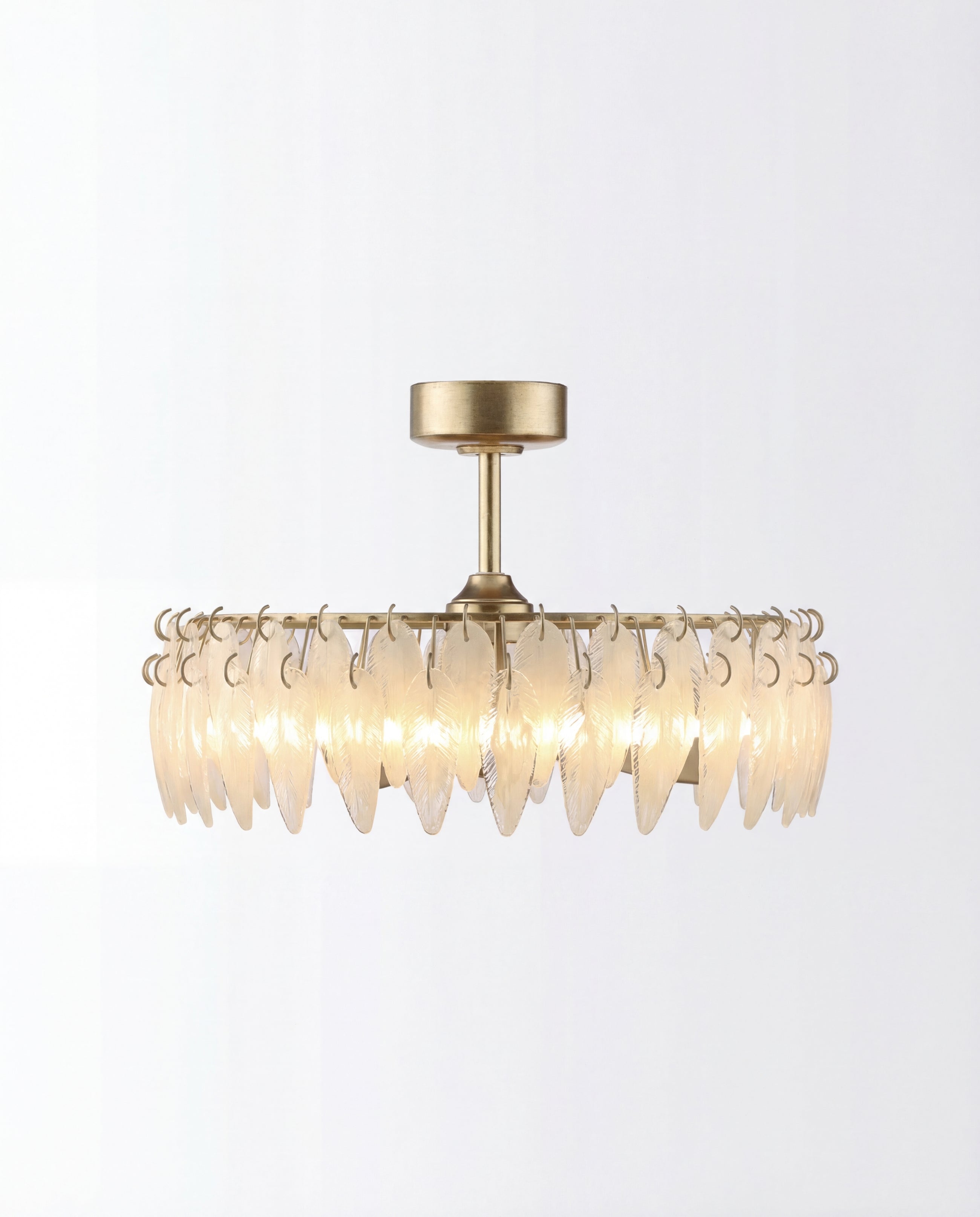 Modern semi-flush ceiling light with gold metal frame and crystal leaf-shaped pendants