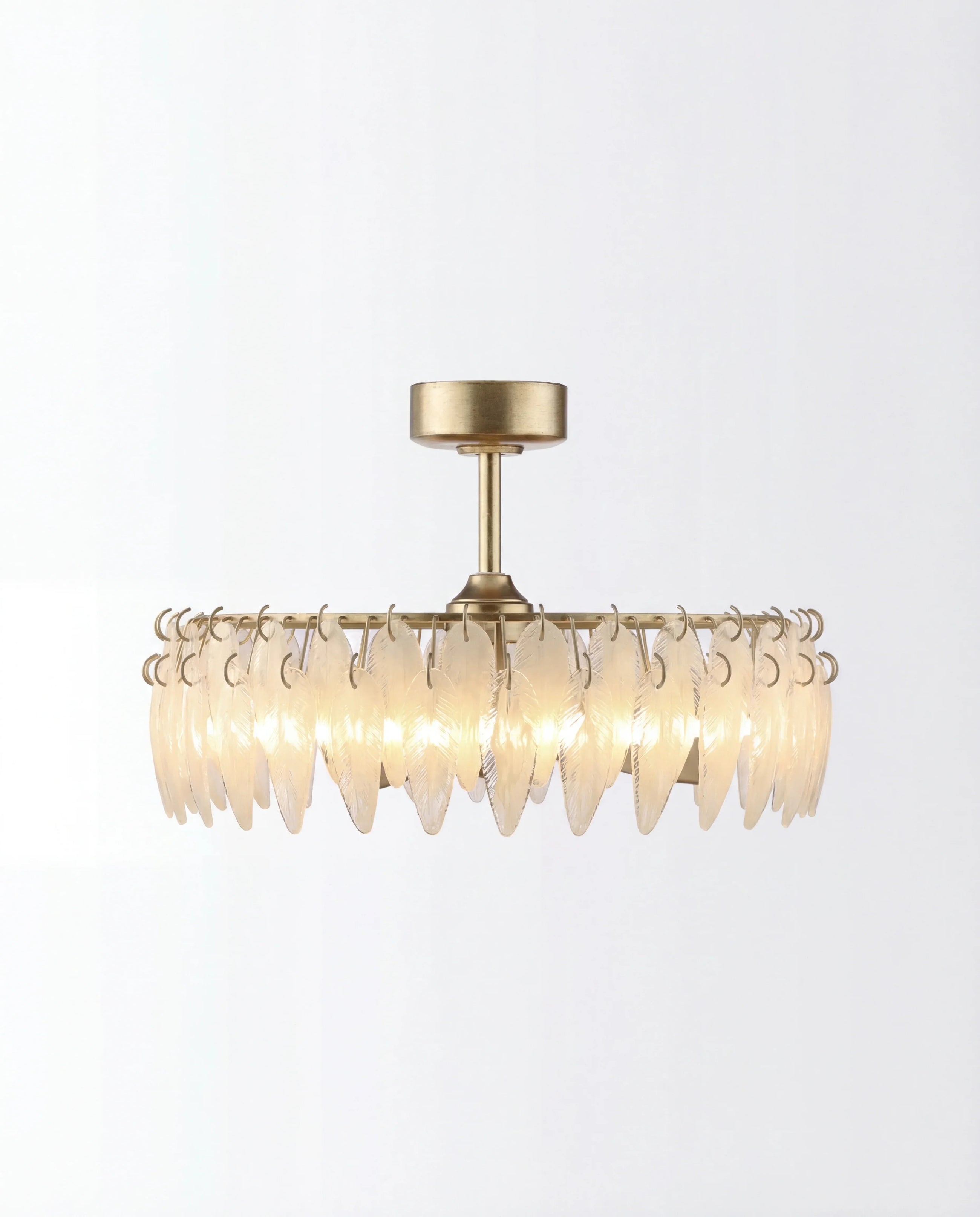 Modern semi-flush ceiling light with gold metal frame and crystal leaf-shaped pendants