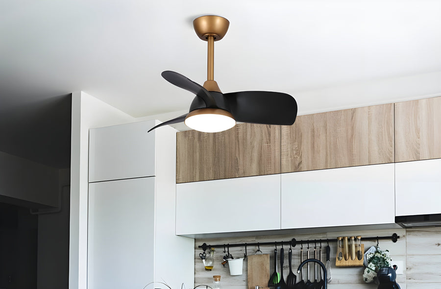 Modern ceiling fan with black blades and light in a contemporary kitchen