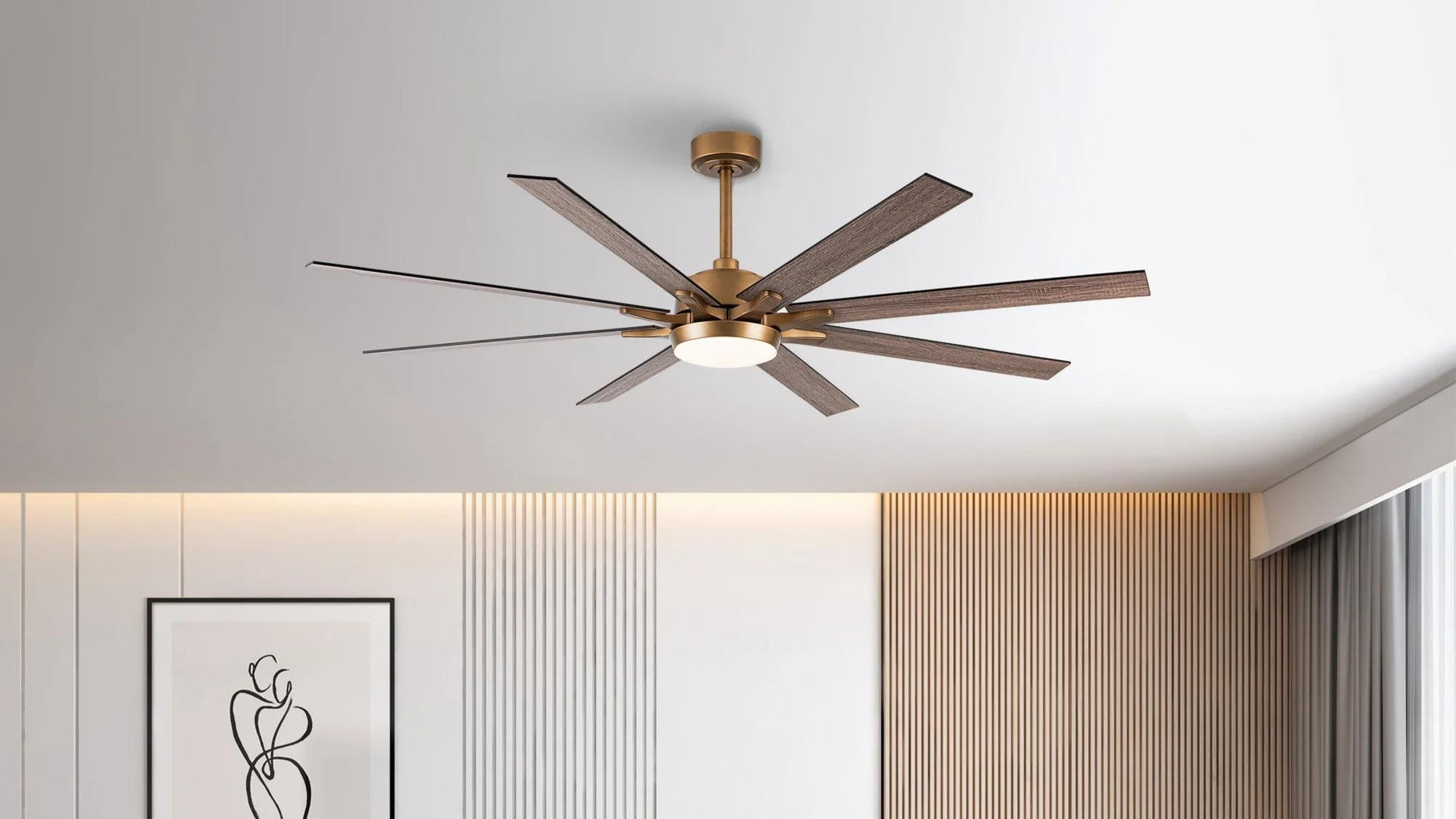 Modern wood ceiling fan with LED light in a minimalist living room