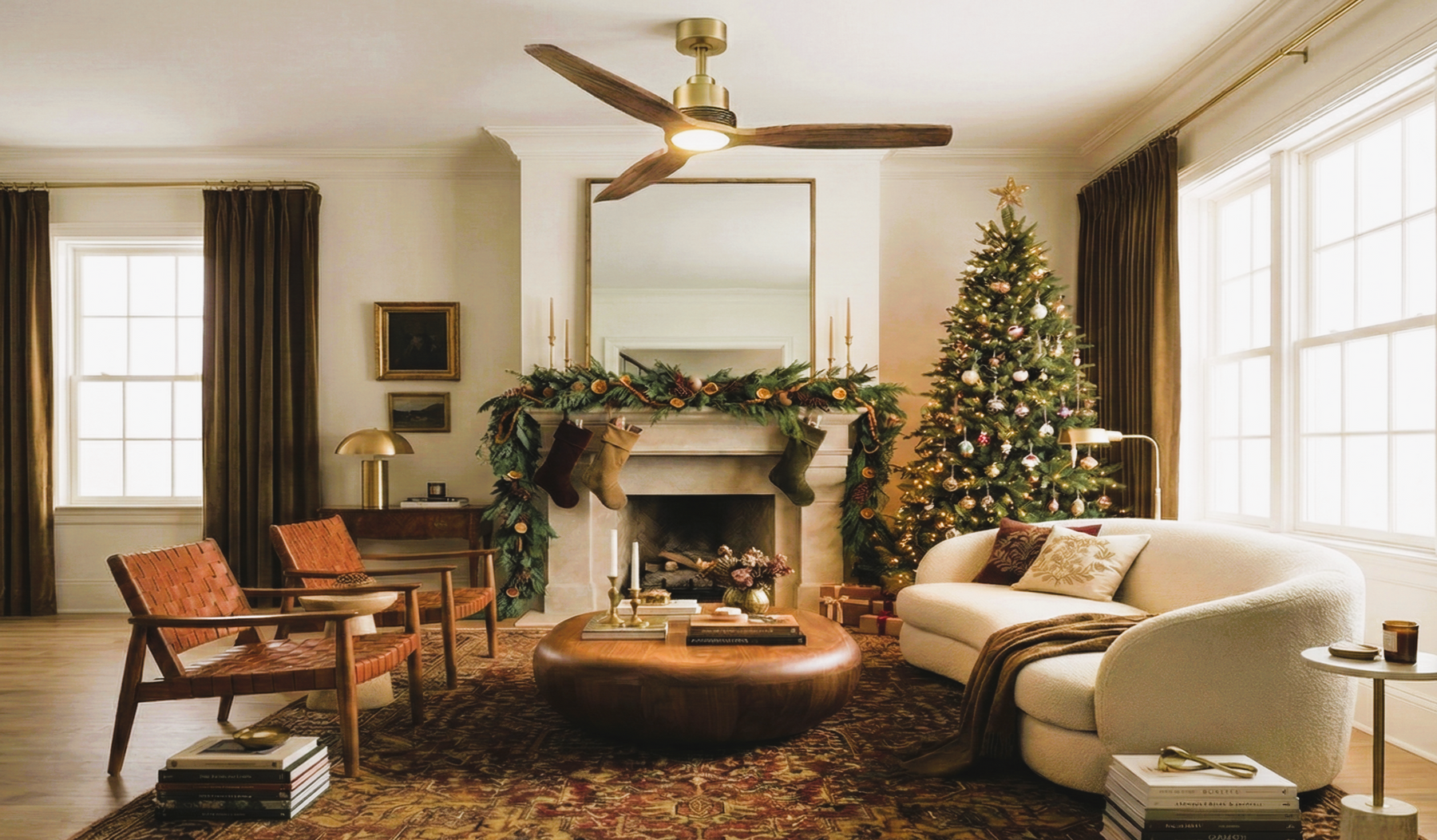 Modern wood ceiling fan with light in a cozy living room decorated for Christmas