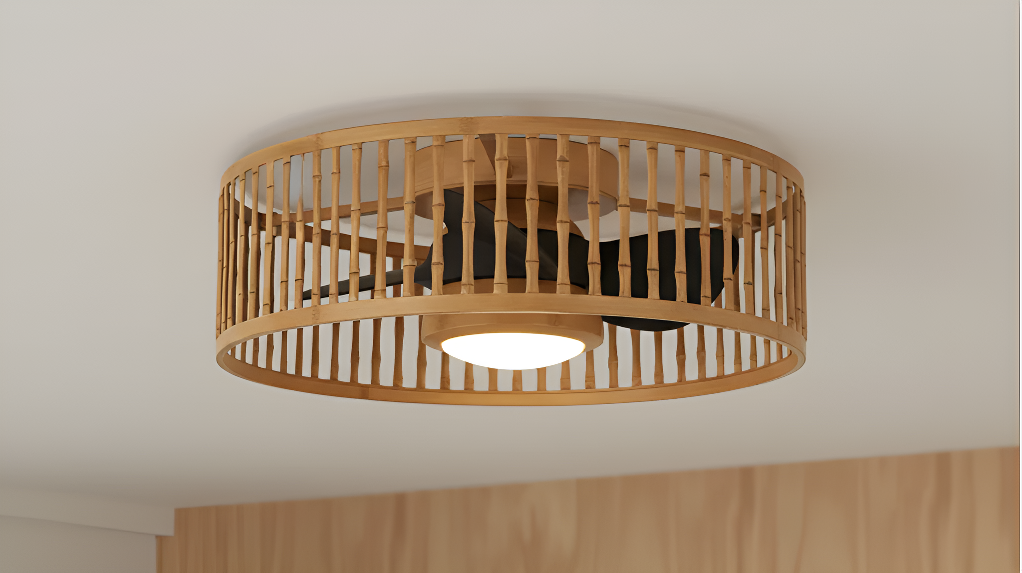 Modern flush mount wood fandelier with black blades and integrated LED ceiling light