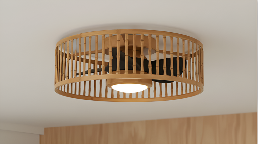 Modern flush mount wood fandelier with black blades and integrated LED ceiling light