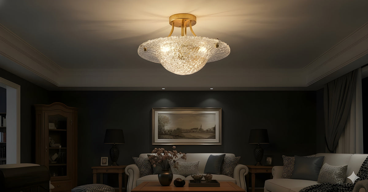 Modern crystal flush mount ceiling light illuminating an elegant living room setting