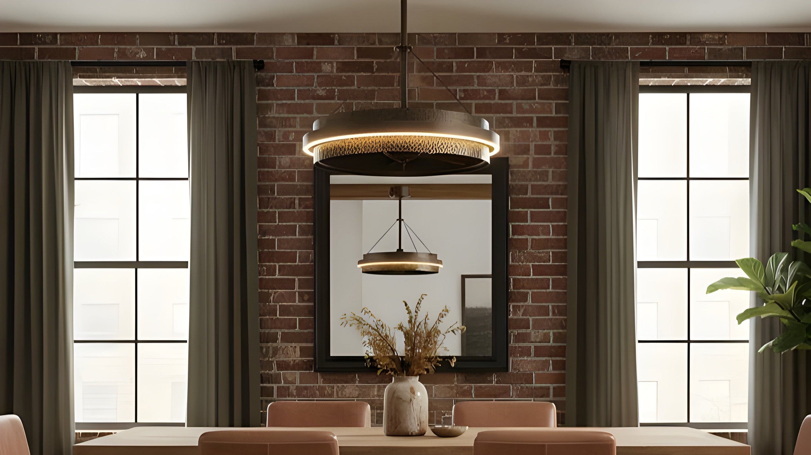 Modern industrial ceiling fan with ring LED light in a brick-walled dining room