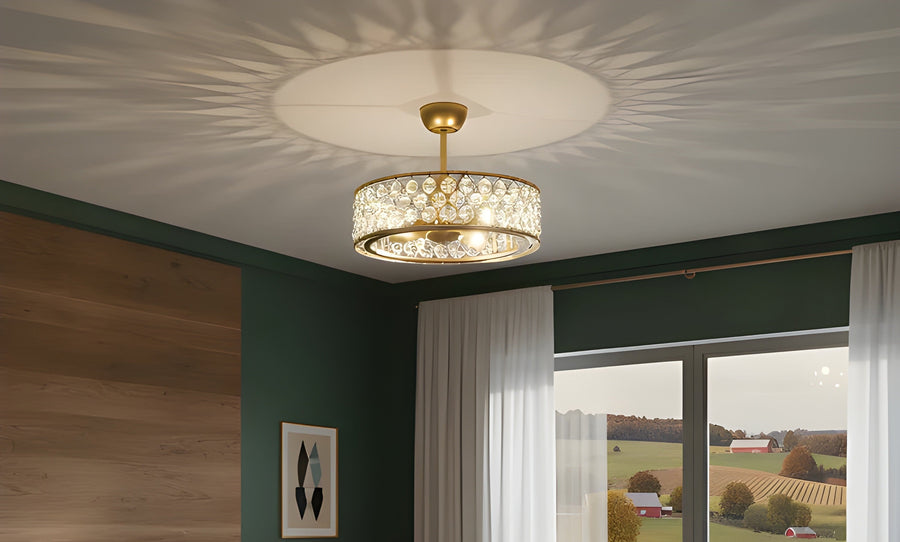 Modern crystal fandelier ceiling fan with gold finish in a stylish living room