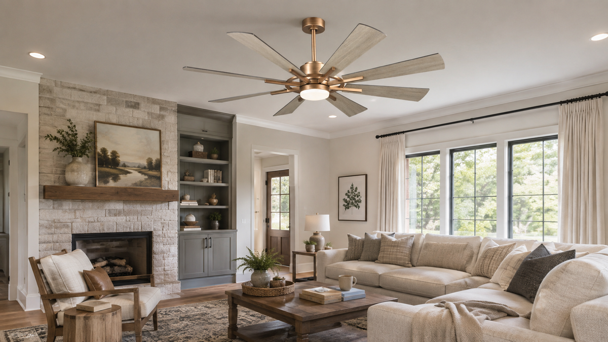 Modern ceiling fan with light wood blades and bronze finish in a living room
