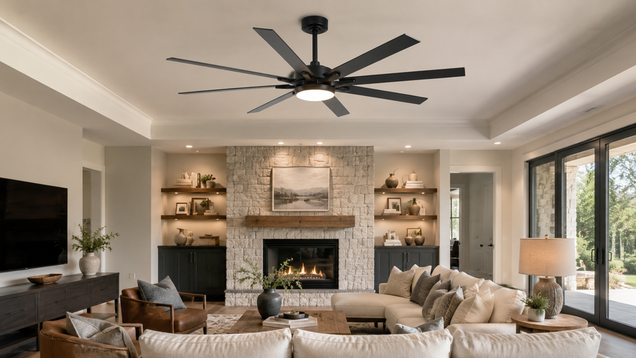 Modern black ceiling fan with integrated LED light installed in a living room