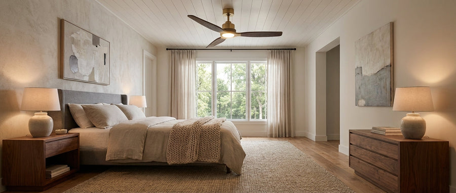 Modern bedroom with large window, wood ceiling fan, and contemporary lighting