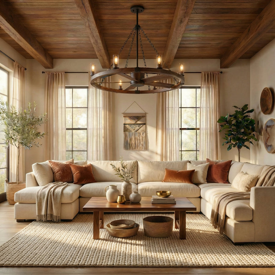 Modern living room with wood beam ceiling, large chandelier, sectional sofa, and cozy decor