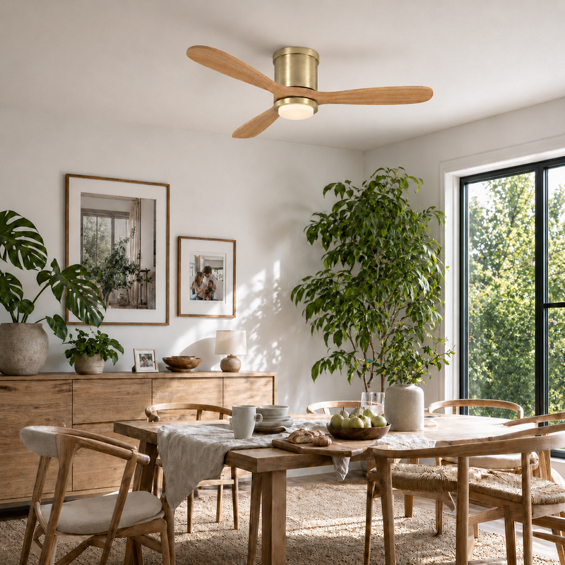 Mayna Flush Ceiling Fan 52" · Natural Solid Wood Blades