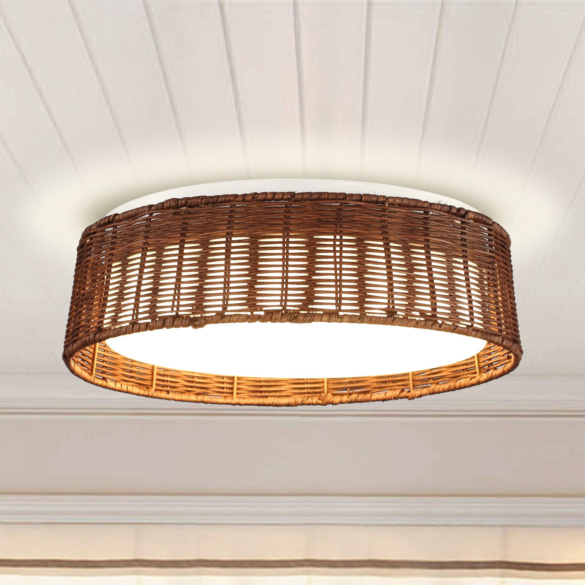 16.5" Traditional Brown Rattan Flush Mount Lighting with LED - ParrotUncle