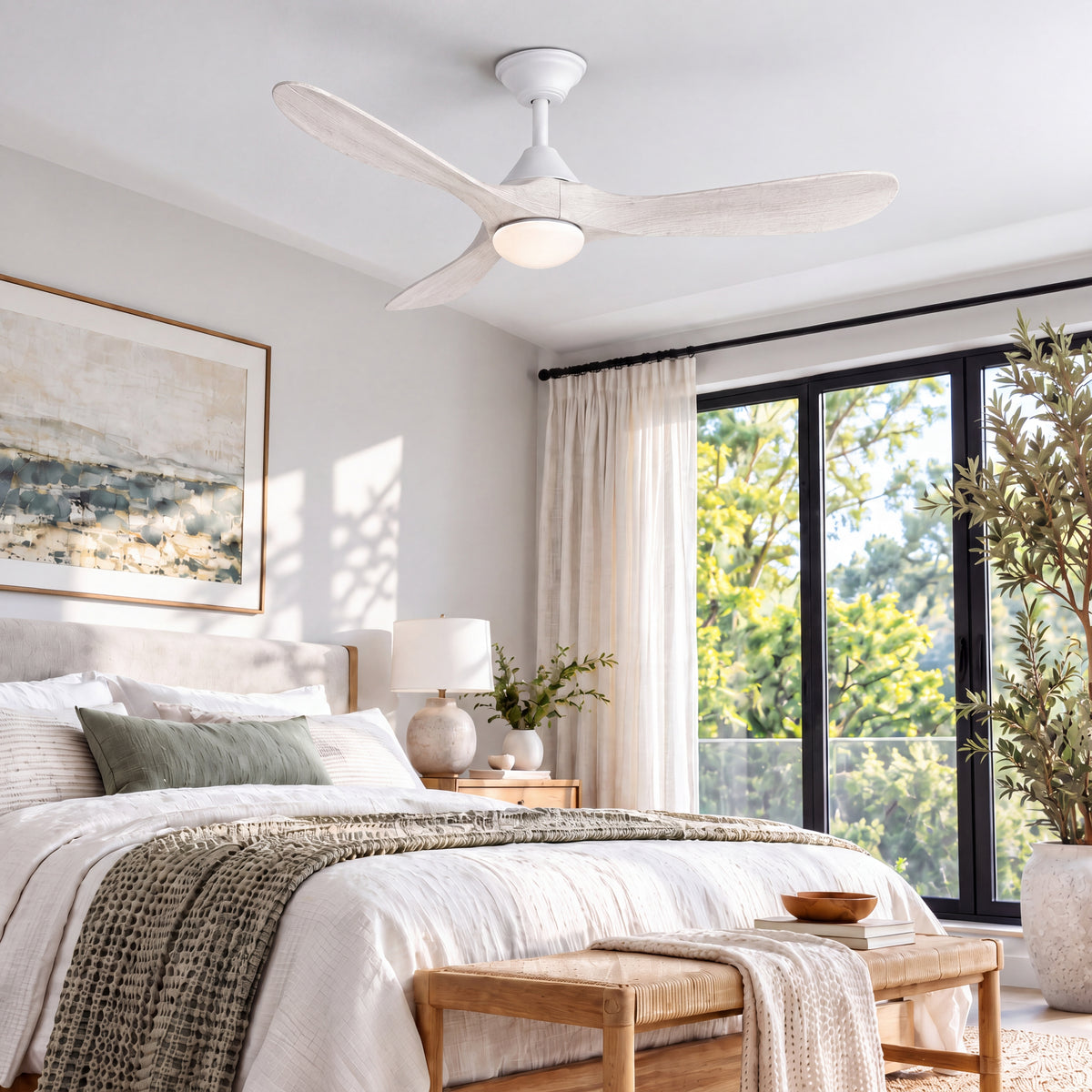 Sylvie 48" Solid Wood Ceiling Fan with Light · Whitewashed & Matte White