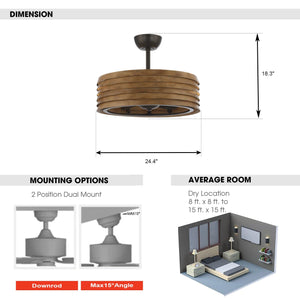 24" Rustic DC Motor Downrod Mount Reversible Fandelier Ceiling Fan with Lighting and Remote Control - ParrotUncle