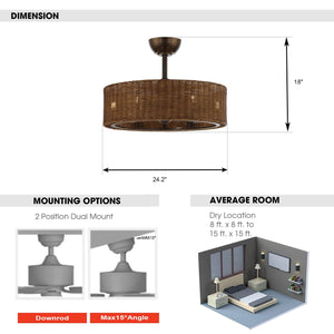 24" Traditional DC Motor Downrod Mount Reversible Fandelier Ceiling Fan with Lighting and Remote Control - ParrotUncle