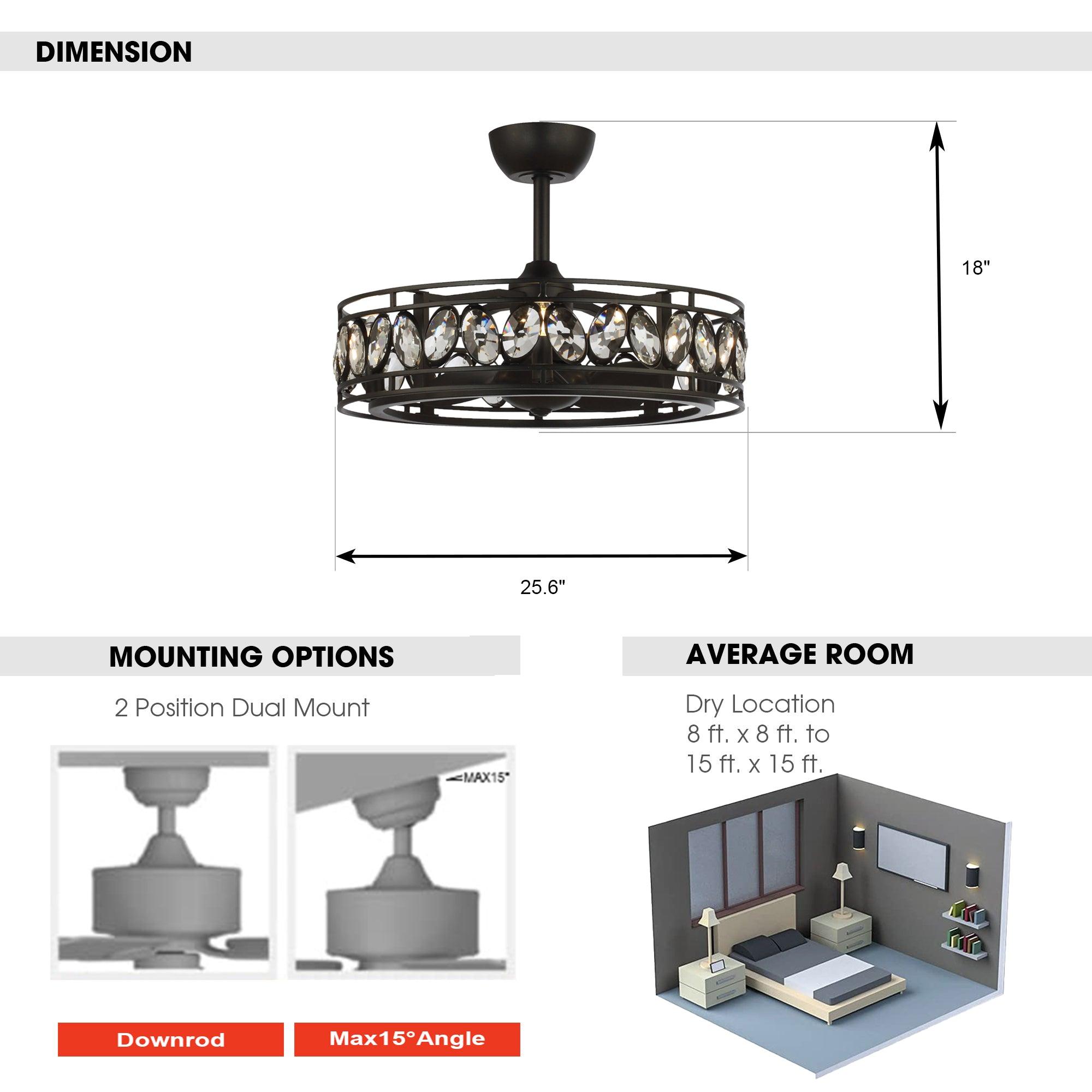 26" Modern DC Motor Downrod Mount Reversible Crystal Ceiling Fan with Lighting and Remote Control - ParrotUncle