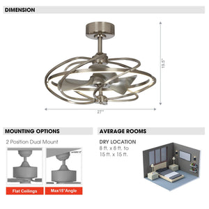 27" Bucholz Modern DC Motor Brushed Nickel Downrod Mount Reversible Ceiling Fan with Lighting and Remote Control - ParrotUncle