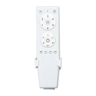 White ceiling fan and light remote control with speed, timer, brightness, and power buttons