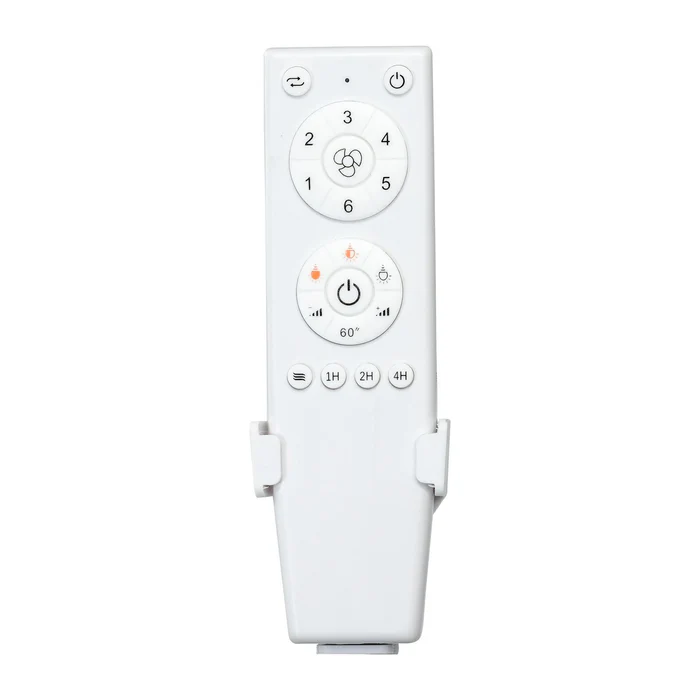 White ceiling fan and light remote control with speed, timer, brightness, and power buttons