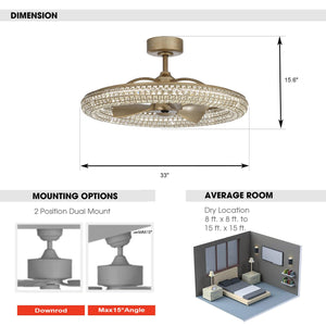 33" Modern DC Motor Downrod Mount Reversible Crystal Ceiling Fan with Lighting and Remote Control - ParrotUncle