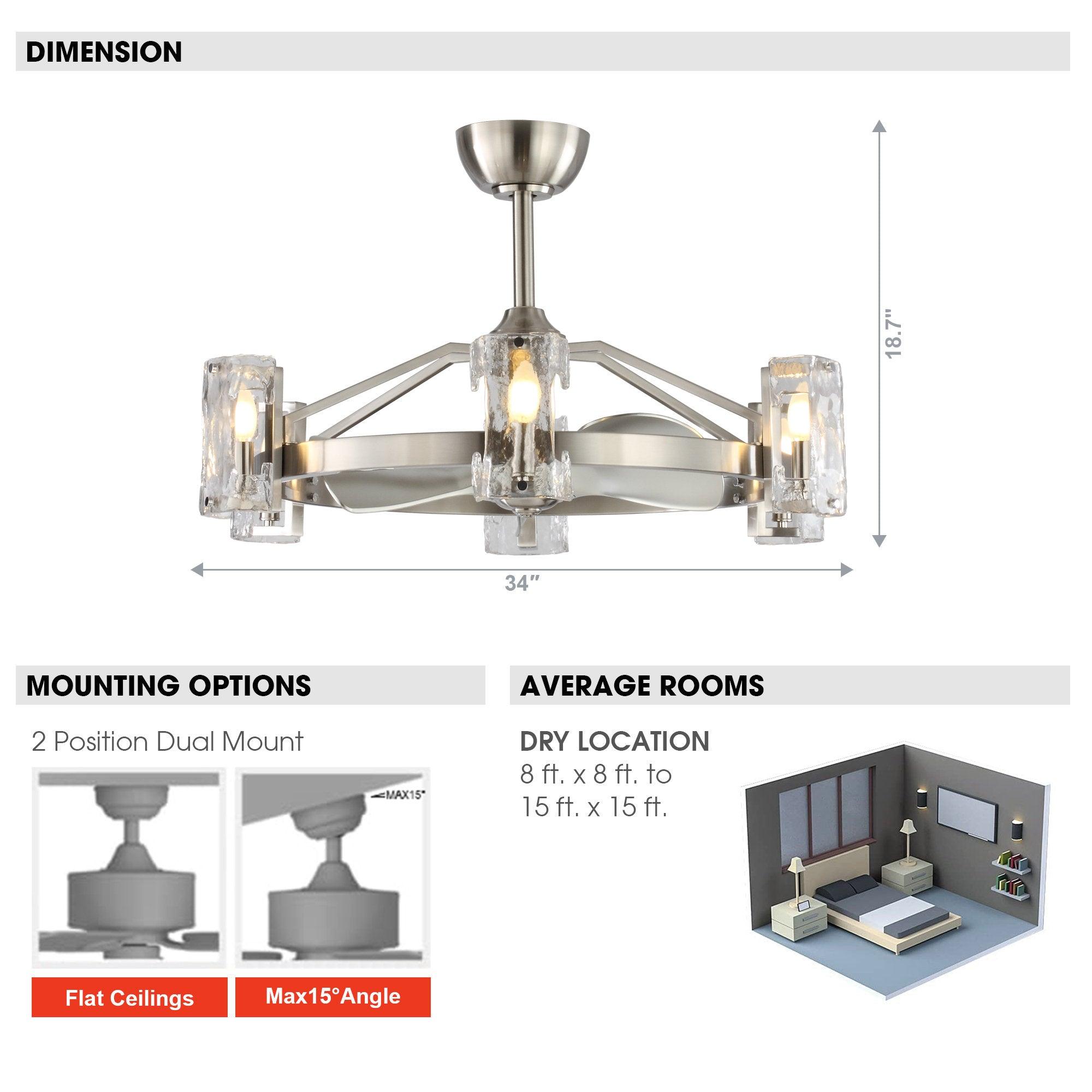 34" Bucholz Modern DC Motor Brushed Nickel Downrod Mount Reversible Ceiling Fan with LED Lighting and Remote Control - ParrotUncle