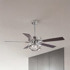 Modern silver ceiling fan with sleek blades and integrated light fixture in a minimalist room