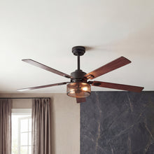 Modern wood ceiling fan with black metal mesh light fixture in a contemporary living room