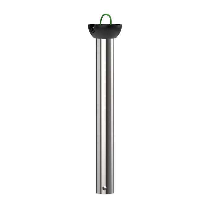 Brushed metal ceiling fan downrod with black mounting cap, modern accessory