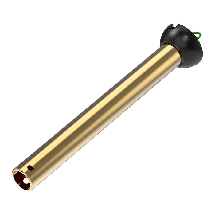 Gold ceiling fan downrod accessory with black mounting cap, isolated on white background.