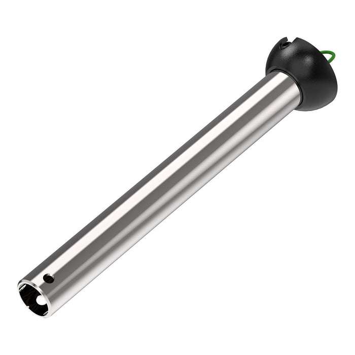 Brushed metal ceiling fan downrod accessory with black mounting cap on white background