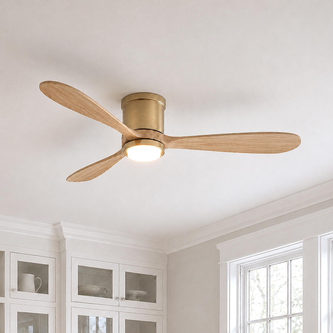 Mayna Flush Ceiling Fan 52" · Natural Solid Wood Blades
