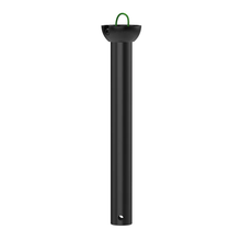 Black metal ceiling fan downrod accessory with mounting holes and green wire