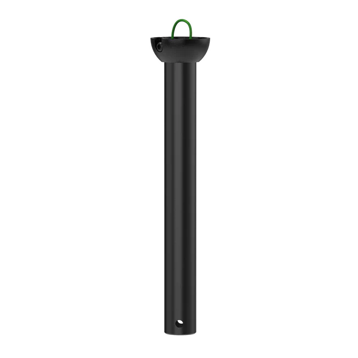 Black metal ceiling fan downrod accessory with mounting holes and green wire